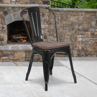 Flash Furniture CH-31230-BK-WD-GG Black Metal Stackable Chair with Wood Seat 